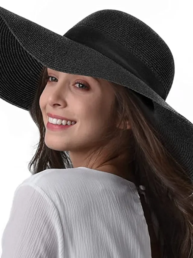 1 PC Womens Sun Straw Hat Wide Brim UPF 50 Summer Hat Foldable Roll up Floppy Beach Hats for Women