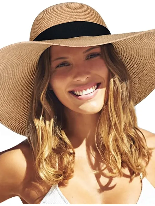 1 PC Womens Sun Straw Hat Wide Brim UPF 50 Summer Hat Foldable Roll up Floppy Beach Hats for Women