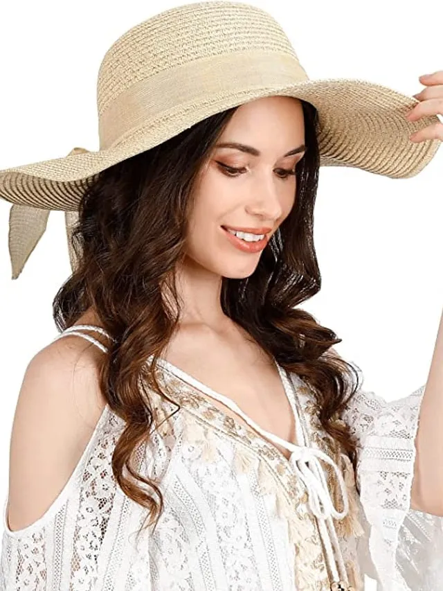 1 pcs  Beach Straw Sun Hat Large Ladies Foldable & Packable Floppy Hats with Wide Brim-UPF 50 UV Protection Summer Sunhat for Women