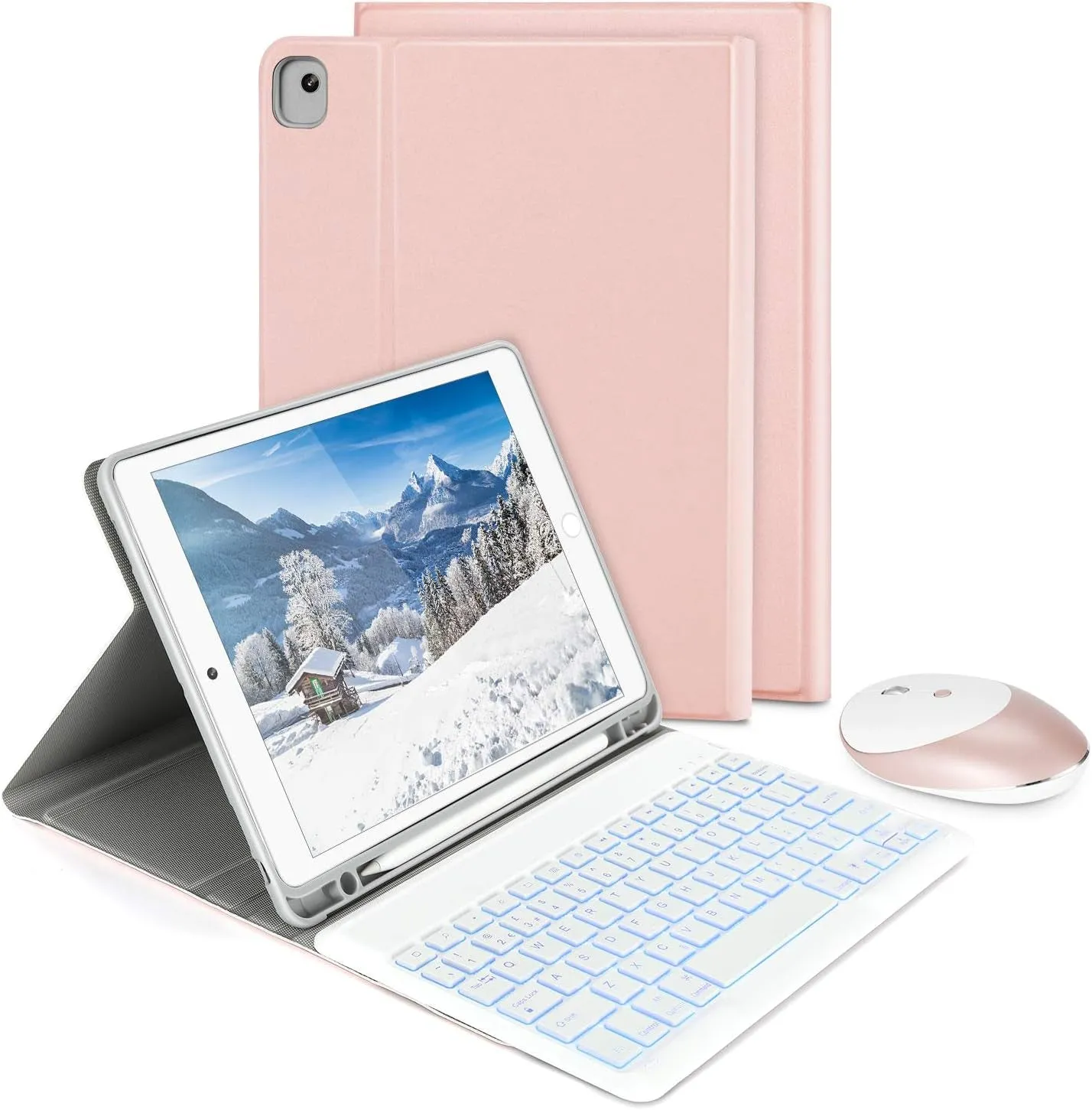 Backlit Keyboard Case with Mouse for New Ipad 8Th Gen. 10.2" 2020 / Ipad 10.2" 2019 / Ipad Air 3 / Ipad Pro 10.5 2017, Bluetooth Keyboard US Layout & Wireless Mice with Stand Cover, Rose Gold