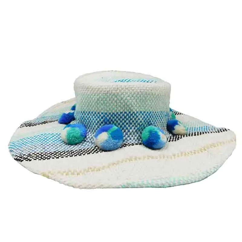 Basketweave Bohemian Hat with Large Pom Poms  - America and Beyond