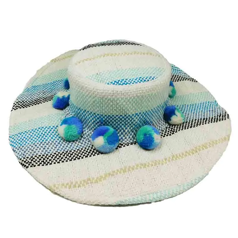 Basketweave Bohemian Hat with Large Pom Poms  - America and Beyond