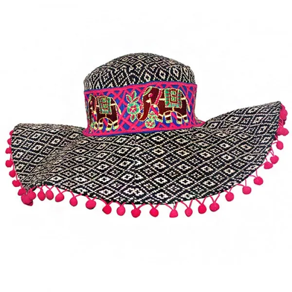 Black and White Jacquard Bohemian Hat with Elephant Band - America and Beyond