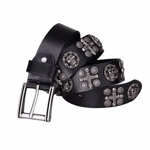 Black Skulls Studded Leather Belt