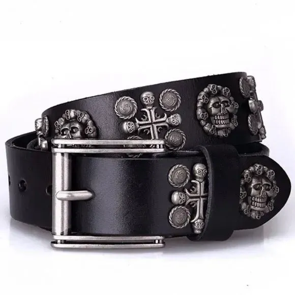 Black Skulls Studded Leather Belt