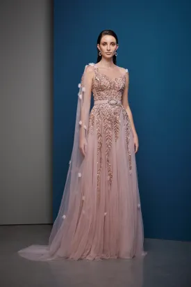 Embroidered Classical Gown With Studded Belt Online UAE
