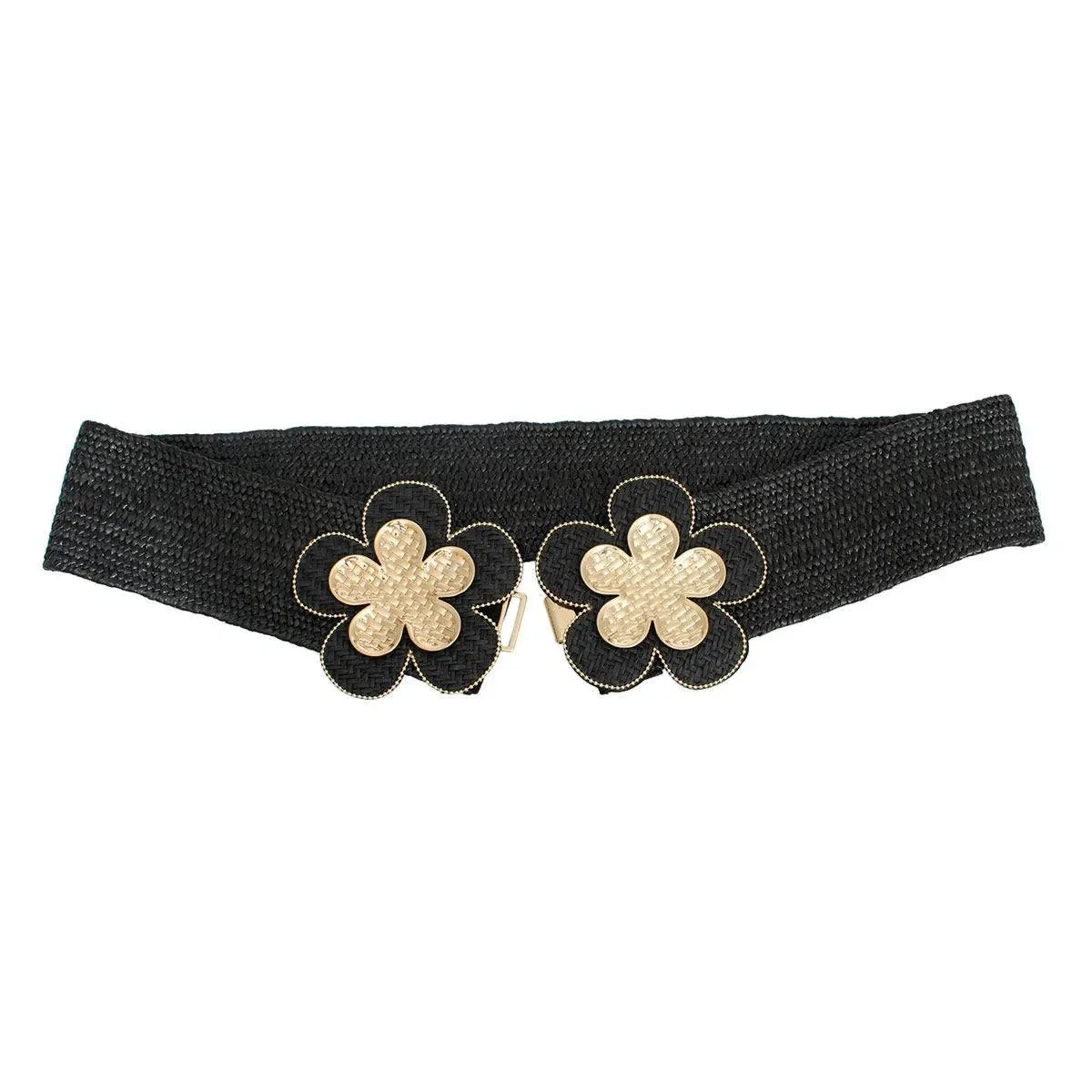 Raffia Belt with Gold Flower Buckle and Textured Detailing for Women