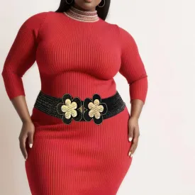Raffia Belt with Gold Flower Buckle and Textured Detailing for Women