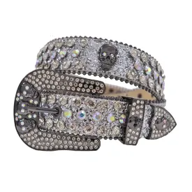 Rhinestone Diamond Belt With Grey Glitter Strap and Skull Buckles