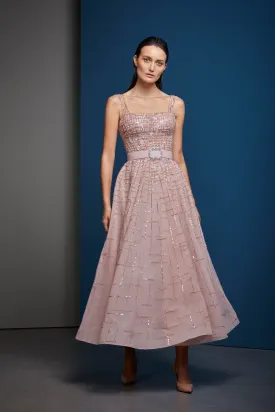 Sequenced Dress With Sleeves And Studded Belt Online UAE