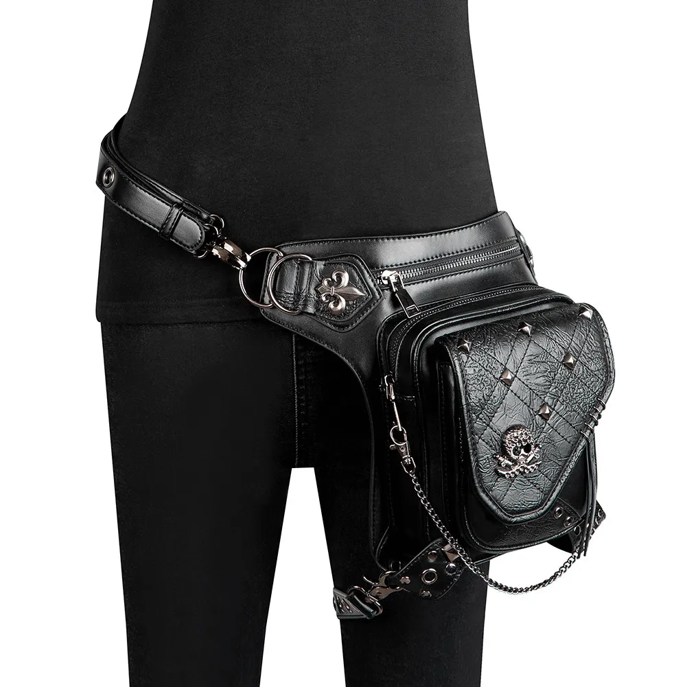 Unisex Skull Studded Chain Waist Bag / Steampunk Faux Leather Bag