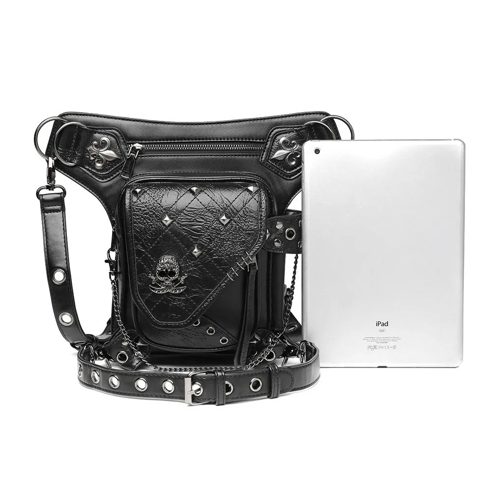 Unisex Skull Studded Chain Waist Bag / Steampunk Faux Leather Bag