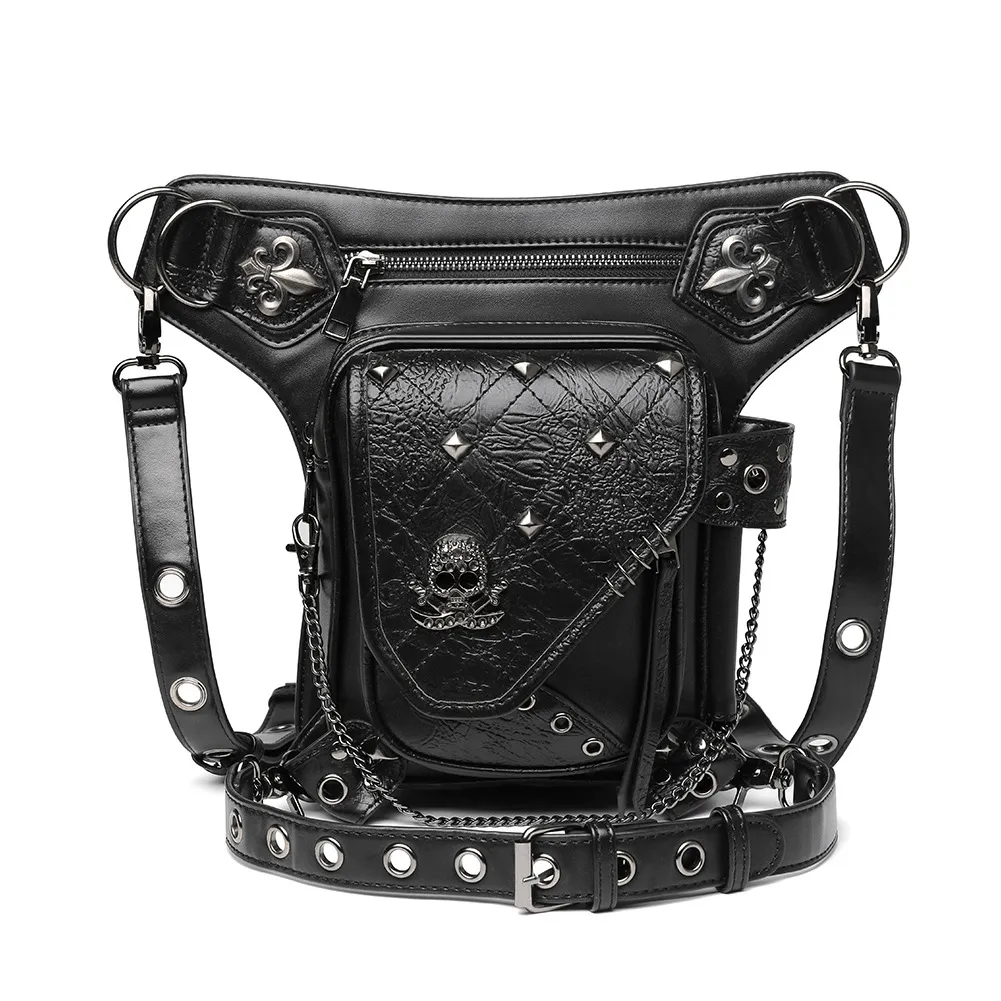 Unisex Skull Studded Chain Waist Bag / Steampunk Faux Leather Bag