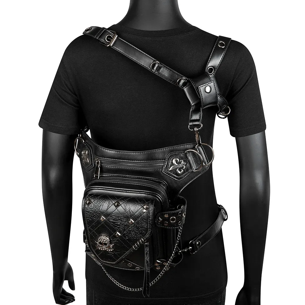 Unisex Skull Studded Chain Waist Bag / Steampunk Faux Leather Bag