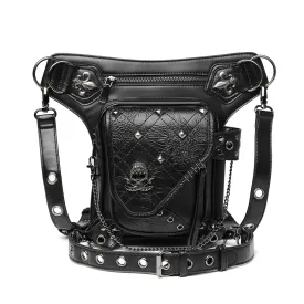 Unisex Skull Studded Chain Waist Bag / Steampunk Faux Leather Bag