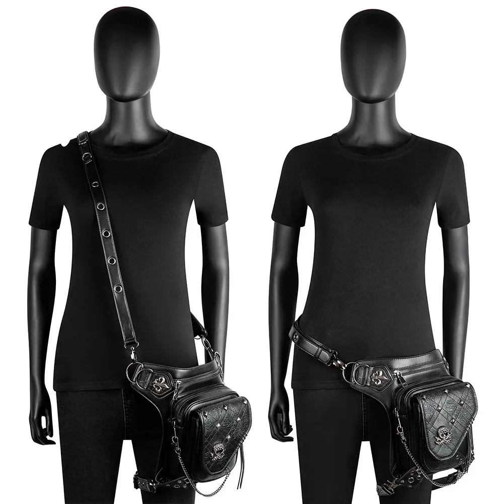 Unisex Skull Studded Chain Waist Bag / Steampunk Faux Leather Bag